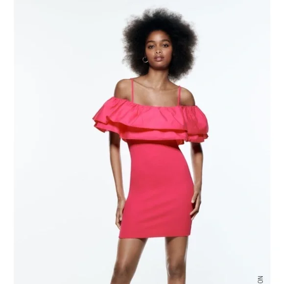 pink off the shoulder dress zara Zara | Dresses | Zara Dress With Ribbed Trim Fuchsia